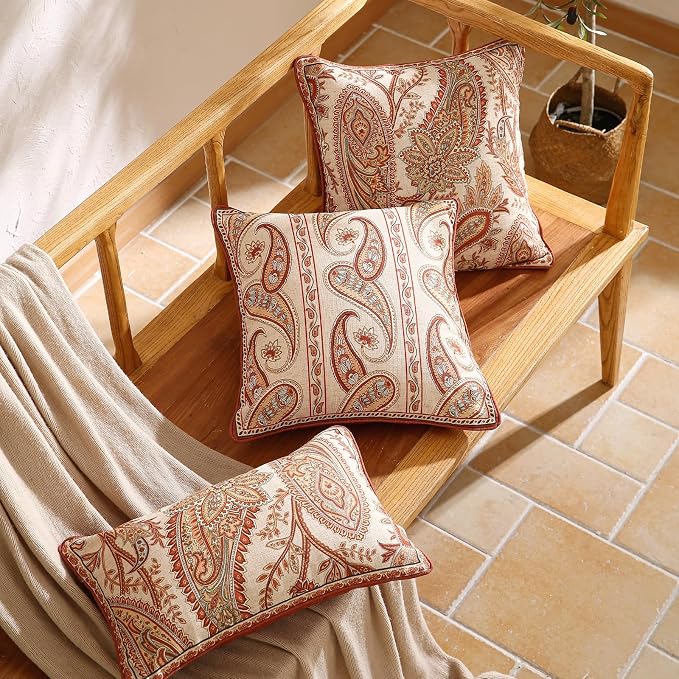 Vintage Linen Throw Pillow Cover,Set of 2,18"x18"-Chauffrey A | Designer Elegant Square Pillow Cover,Concealed Zipper Design,Cashew Pattern,Sofa,Bedroom,Living Room,Lounge Chairs