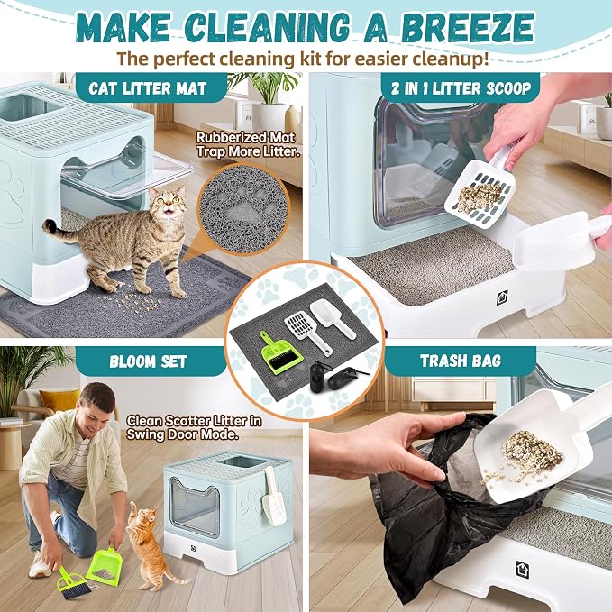 Covered Cat Litter Box, Extra Large Drawer Design with Dual Entry,Baby Blue | 13L litter capacity, adjustable door, leakproof structure, cleaning accessories, complimentary cat litter mat