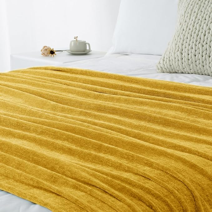 Chenille Throw Blanket for Couch 50" x 60", Yellow | Soft Cozy Warm Throws with Fringe Tassel, for Living Room Bed Sofa Chair Cover, Lightweight Knitted Decorative Boho Blankets
