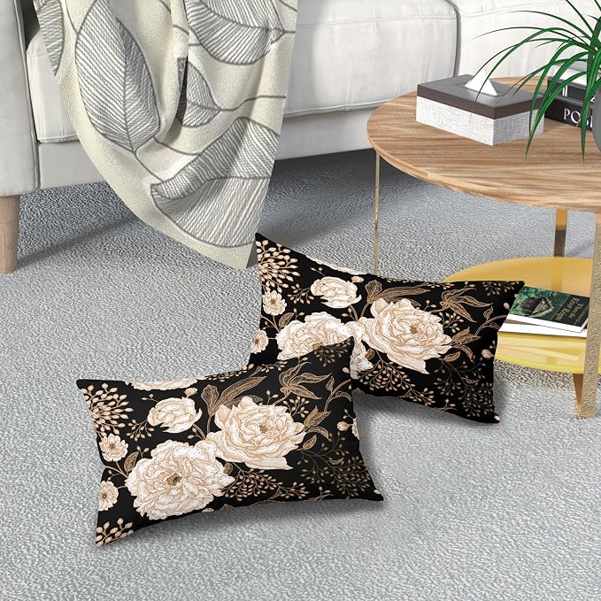 Vintage Peony Roses Floral Plant Lumbar Pillow Covers 12X20 Inch Set of 2 Chinoiserie White Flower Leaves Decorative Pillow Cases Black Gold Cushion Case Vintage Home Decor For Sofa Couch Outdoor