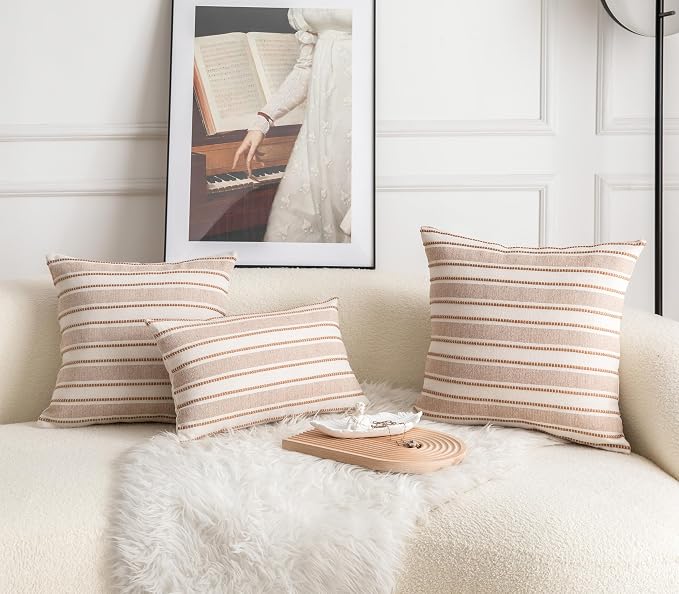 Cethom Decorative Boho Throw Pillow Covers, Farmhouse Textured Pillow Case, 22 x 22 Inch Set of 2, Chair Sofa Bedroom Living Room Home Decor Couch Cushion Case, Brown and Beige Striped