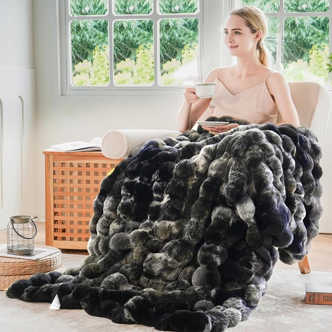 BENVWE Fluffy Faux Fur Throw Blanket for Couch, Soft Plush Thick Cozy Fuzzy Luxury Minky Bubble Blanket for Home Living Room Decor Gift for Women, Tie-dye Grey, 63" x 80", 1100GSM