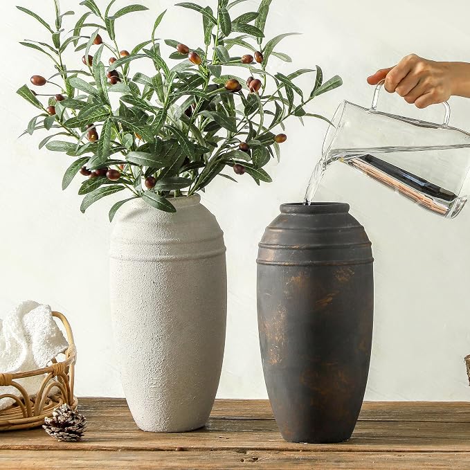 Rustic Farmhouse Flower Vase, 12.87 Inch Tall Ceramic Vase | Vintage Inspired Pottery Vase for Home Styling, Perfect for Flowers, Dining Tables, Fireplace Mantels,Seasonal Decorations