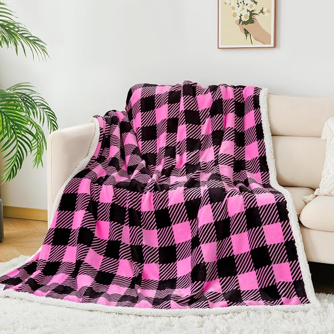 Sherpa Plaid Twin Blanket 60" X 70", Fuzzy Fluffy Soft Cozy Throw Blanket, Twin Size Plush Fleece Flannel Plush Microfiber Blanket for Couch Bed Sofa (Rosepink)