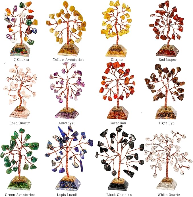 Set of 12 Crystal Tree of Life Gifts for Women, Seven Chakra Healing Crystals Bring Positive Energy, Good Luck, Money, Feng Shui Home & Office Desk Decor, Father's Day Gifts for Dad