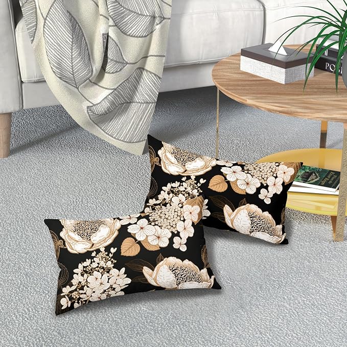 Vintage Flowers Lumbar Pillow Covers 12X20 Inch Set of 2 White Floral Gold Leaves Botanical Decorative Pillow Cases Rustic Black Cotton Linen Cushion Case Farmhouse Home Decor For Sofa Couch Outdoor