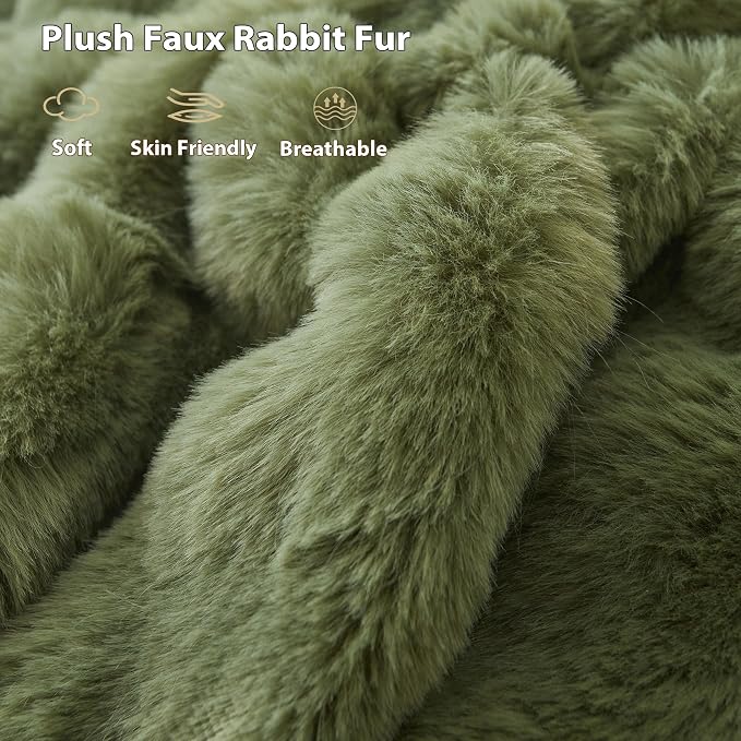 LIFEREVO Luxury Fluffy Faux Rabbit Fur Throw Blanket 50x60, Sage Green | Plush Bubble Blanket for Bedroom Living Room Office, Decorative Soft Moss Furry Lap Throw for Kids Teens Adults, Washable