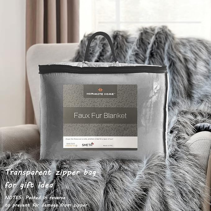 Luxury Faux Fur Throw Blanket, Grey and Black High Pile Mixed Throw Blanket, Super Warm, Fuzzy, Elegant, Fluffy Decoration Blanket Scarf for Sofa, Couch and Bed, 50''x 60''