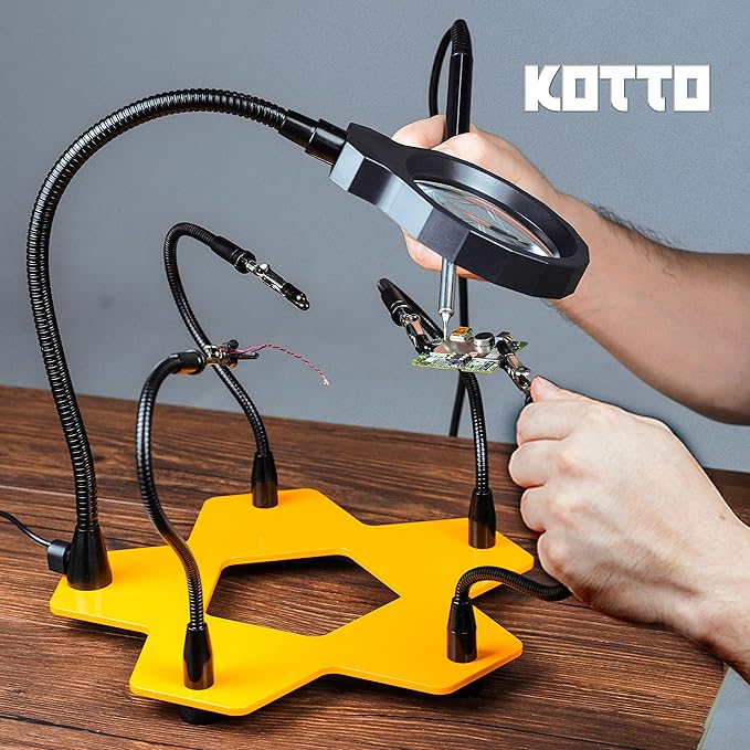 KOTTO LED Lighted Magnifying Third Hand Soldering PCB Holder Tool Five Arms Helping Hands Crafts Jewelry Hobby Workshop Helping Station Non-slip weighted base, LED Lamp