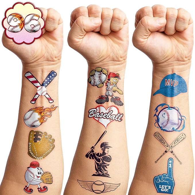 96PCS Baseball Pre-Cut Temporary Tattoos for Kids - Sports Birthday Party Favors, Baseball Party Supplies, Goodie Bag Fillers, School Prizes for Boys & Girls