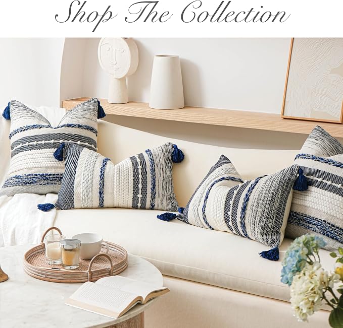 Navy Dark Blue Decorative Throw Pillow Cover 18x18 Square Boho Accent Pillowcase Tassels Farmhouse Cushion for Couch Sofa Bedroom Living Room Home Décor Cover ONLY