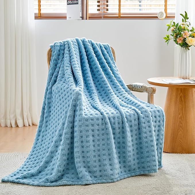NEWCOSPLAY 3D Waffle Checkered Flannel Queen Blanket, Blue, 90"x90" | Super Soft Cute Lightweight Decorative Premium Silky Fleece Blanket for Couch Sofa Bed, Gift for Women Men, All Season Use
