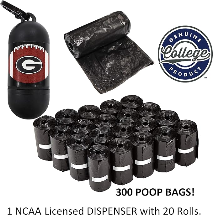 Pets First NCAA GEORGIA BULLDOGS PET LICENSED Poop Waste Bag Dispenser and D Ring for Leash with 300 Premium Garbage Bags