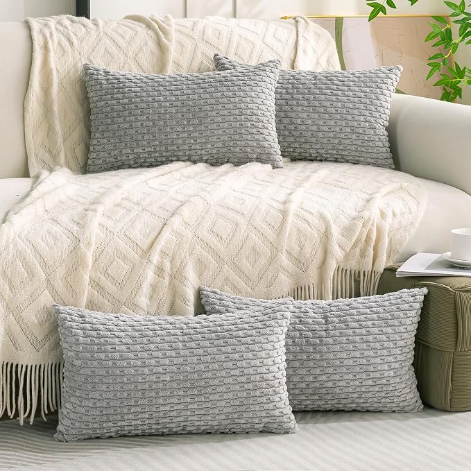 Set of 4 Grey Decorative Throw Pillow Covers 12x20 Inch Corduroy Pillow Covers for Bed Couch Sofa Living Room Soft Cushion Cases