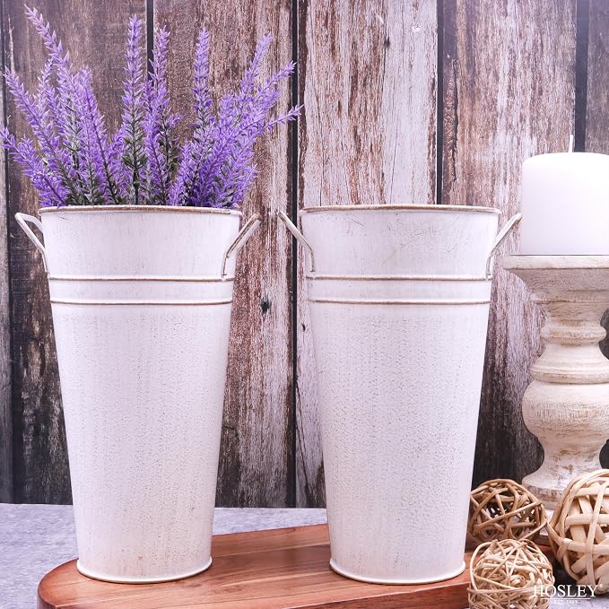 Hosley Set of 2 White Wash Finish Bucket/Pot Vase with PVC Liner 6.25" L x 5" W x 9" H, Ideal Gift for Wedding Home Office Party DIY Indoor Outdoor Garden Patio
