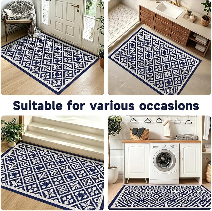 Ileading Indoor Door Mat 3x5ft, Absorbent Muddy Mats for Dogs, Low-Profile Entrance Large Welcome Mat with Non-Slip Rubber Backing, Washable Runner Carpet for Hallway,Entryway,Kitchen(Navy)