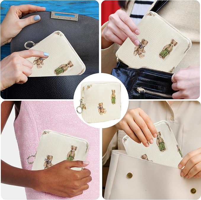 Period Bag for Girls, Corduroy Sanitary Napkin Storage Bag, Period Pouch & Tampon Holder, Feminine Care Organizer(Cute Bear)