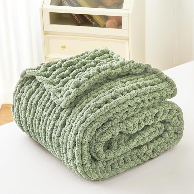 Chunky Knit Blanket Throw for Couch, 51"x63" Chunky Yarn Knitted Blankets | 100% Hand Knit Thick Chenille, Soft Breathable for Bed, Sofa, Home Decor, Cozy Gifts for Women Friends, Sage Green