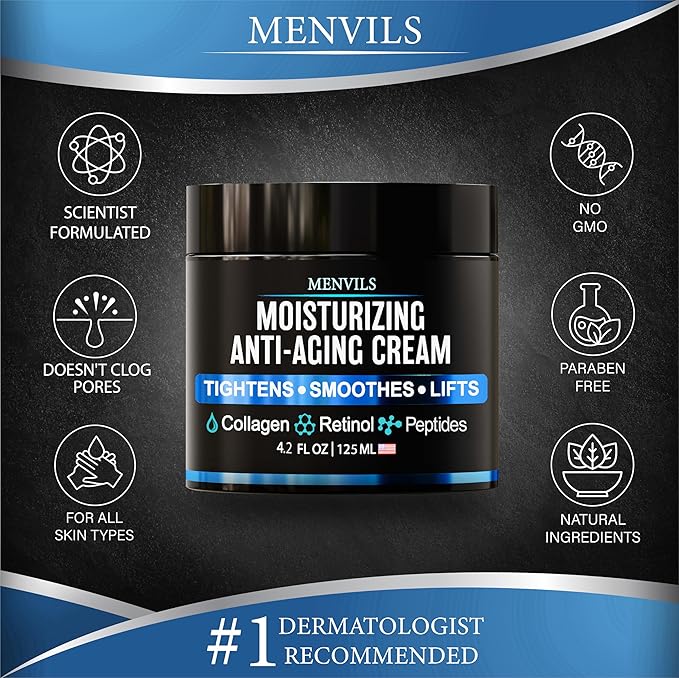 Mens Face Moisturizer Cream - Anti Aging & Wrinkle Repair - After Shave Lotion for Men with Collagen, Retinol, Peptides, Jojoba Oil - Age Facial Skin Care - Lightweight Day & Night Cream - 4.2 OZ