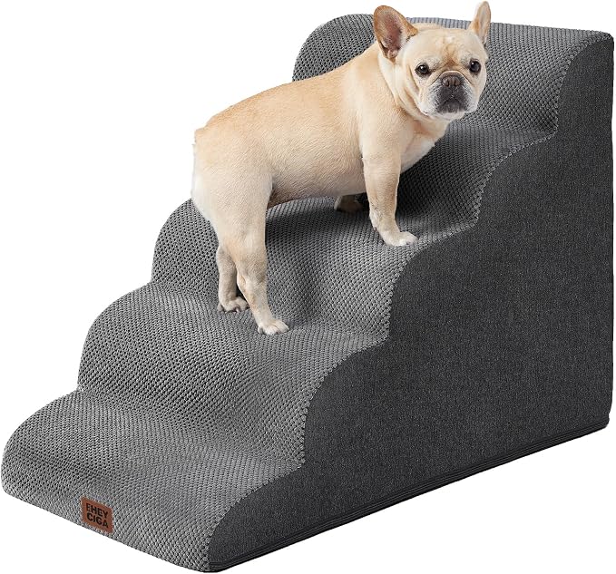 EHEYCIGA Curved Dog Stairs Ramp, 5-Step Extra Wide High Beds, Pet Step | 33D density of pure foam, for Small Dogs and Cats, Pet Stairs for High Bed Climbing, Non-Slip Balanced Pet Step Indoor, Grey