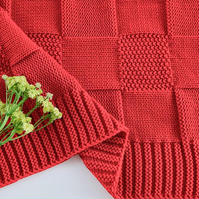 CozeCube Christmas Red Knitted Checkered Throw Blanket 50"X60" | Check Knit Throw for Couch, Decorative Christmas Soft Cozy Warm Blanket for Bed Sofa Living Room