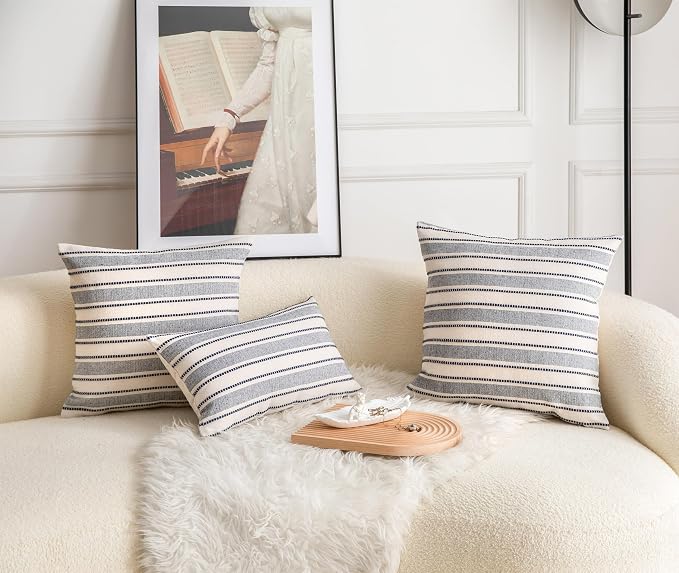 Cethom Decorative Boho Lumbar Throw Pillow Covers, Farmhouse Textured Pillow Case, 12 x 20 Inch Set of 2, Chair Sofa Bedroom Living Room Decor Couch Cushion Case, Navy Blue and Beige