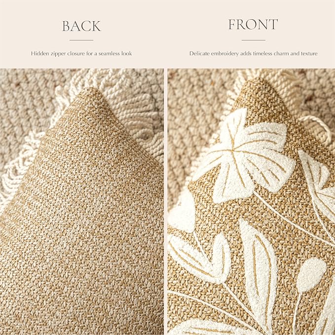 Long Lumbar Pillow Cover 14x36 Indoor Outdoor, Jute Inspired Floral Tufted Accent Oversize Throw Pillowcase for Patio Bed Bedroom, Cover Only