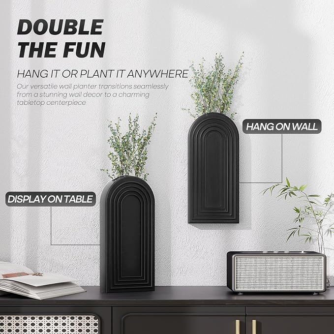 EOSAHR Wall Vase for Home Decor: Wall Planter for Indoor Plants, Black | 2Pcs Bathroom Set, Pine Wood, Wall Plant Holder for Home Decor, Boho Wall Art, Perfect for Kitchen & Bedroom, Rustic decor