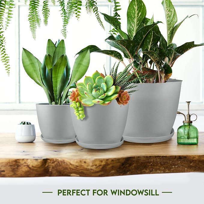 Plant Pots Indoor with Drainage, 5 Pack Multi-Size Planters Set, Grey | Drainage holes included Multiple sizes 7/6.6/6/5.3/4.8 In Indoor plants and flowers Durable plastic construction