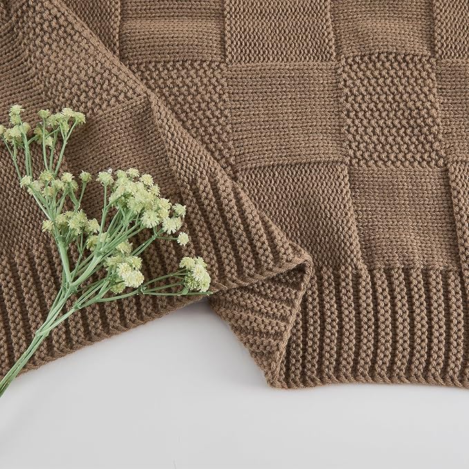 CozeCube Light Brown Knitted Checkered Throw Blanket 50"X60" | Check Knit Throw for Couch, Decorative Christmas Soft Cozy Warm Blanket for Bed Sofa Living Room