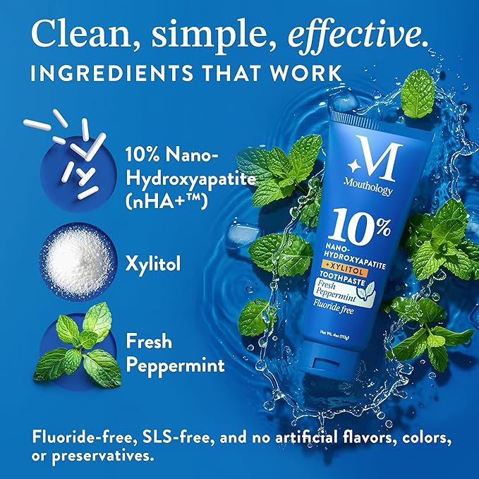 Mouthology 10% Nano Hydroxyapatite Toothpaste (6pk, Fluoride Free), Whitening*, Supports Enamel Care*, Appropriate for Sensitive Teeth*, SLS Free, Xylitol nHA Toothpaste Adults, Mint 4oz (USA Made)