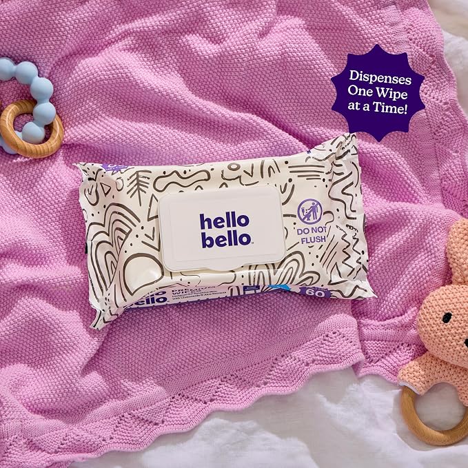 Hello Bello Premium Wipes, Designed for Sensitive Skin with Chamomile & Aloe Extracts, Playful Sketches (18 Resealable Packets = 1080 Total Wipes)