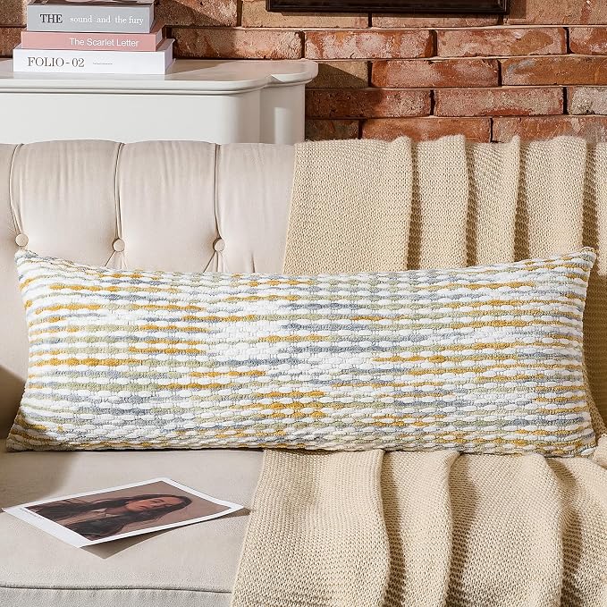 Boho Chenille Pillow Cover Decorative Tufted Pillowcase for Couch Bed Sofa Bedroom Living Room Modern 14 x 36-Inch Grey