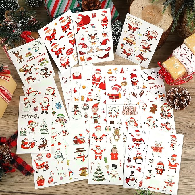 JUNEBRUSHS Glowing Christmas Temporary Tattoos for Kids, 20 Sheets Kids Tattoos Christmas Stocking Stuffers Glow in the Dark Decorations for Boys Girls Christmas Face Makeup Gift Filler