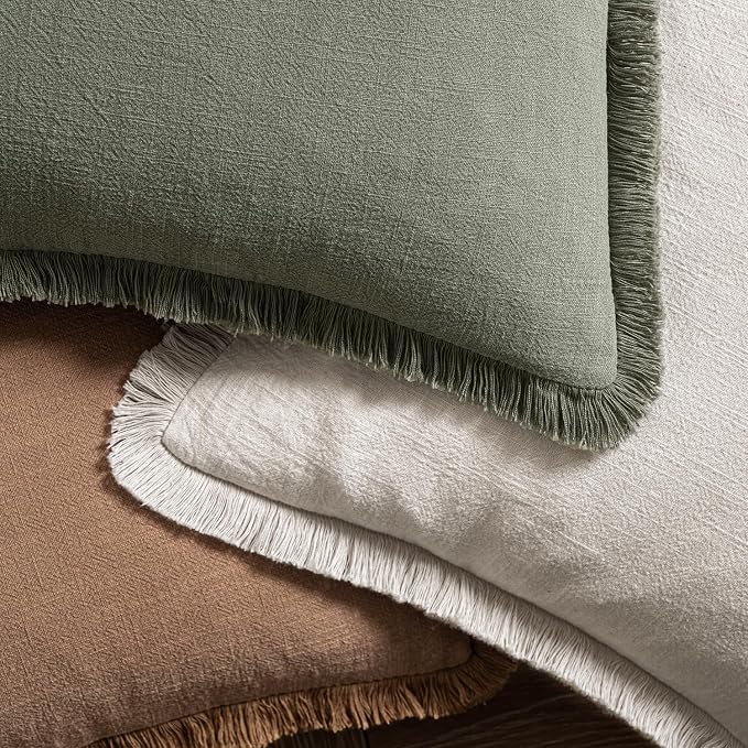 MIULEE Fall Linen Fringe Pillow Covers Set of 4 18x18 Neutral Beige | Boho Farmhouse Decorative Throw Pillow Covers, Neutral Soft Rustic Cushion Cases, for Couch Sofa Bed Living Room Home Decor