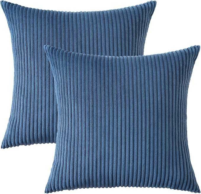 Mecatny Corduroy Decorative Throw Pillow Covers 22x22 Set of 2 Navy Blue | Soft Striped Texture, Hidden Zipper Design, Neutral Boho Square Pillow Cases for Sofa Couch Living Room Bedroom, Home Décor
