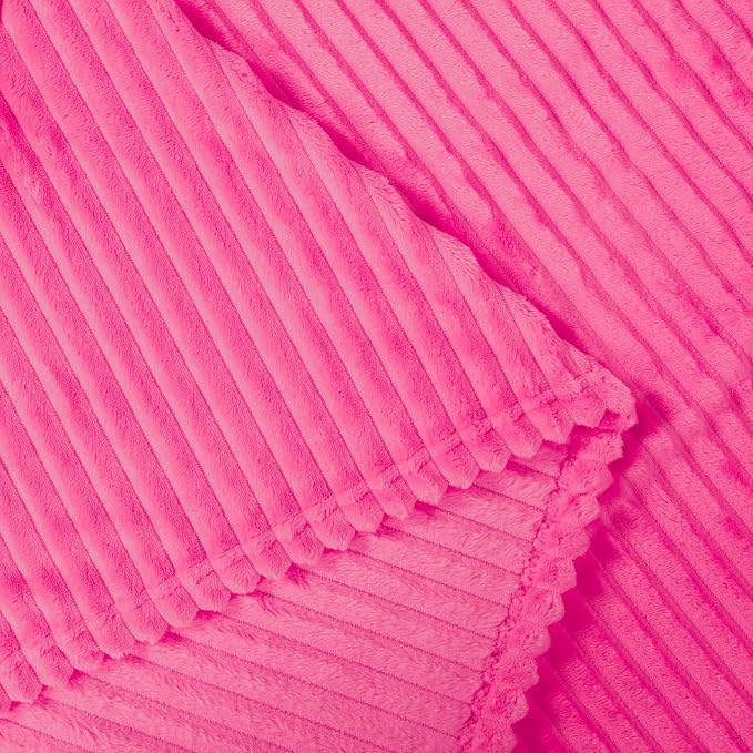 Vessia Flannel Fleece Throw Blanket for Couch,Sofa,Bed, 300GSM Striped Hot Pink Blanket for Adults and Kids, Super Soft Warm Cozy Lightweight Ribbed Throw for All-Season