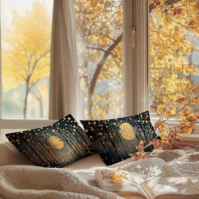Vintage William Morris Inspired Gold Moon Pillow Covers 20x12 Set of 2,Rustic Black and Gold Forest Moon Botanical Nature Landscape Decorative Throw Pillow Covers for Home Bedroom Living Room
