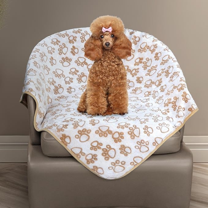 Stuffed Small Beige Premium Soft Dog Blanket, with Flannel Beige Cute Paw Print, 24 * 32 inches, Cat Blanket Puppy Supplies Poodle Dog Products Stuff Essentials