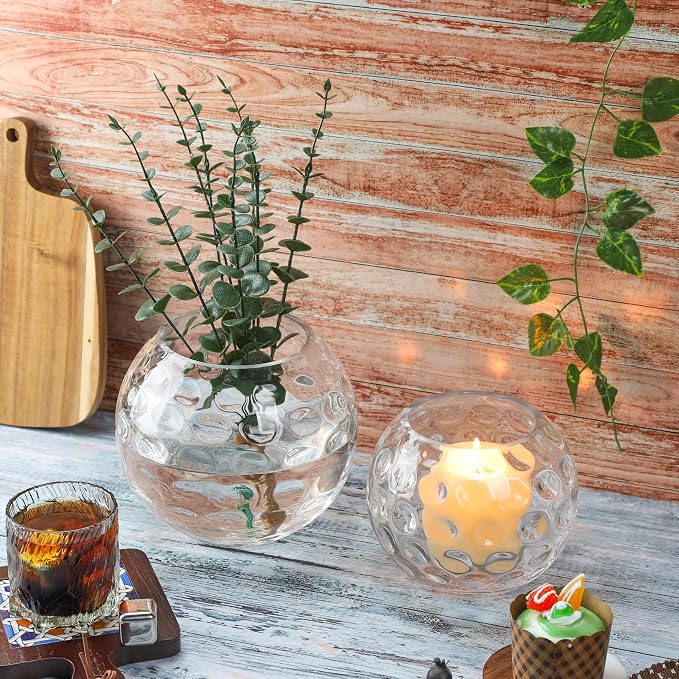 6.3" Dia Handmade Sturdy Dimpled Bubble Glass Vases, Bubble Planter Terrarium, Bud Vase, Fish Bowl Hurricane, Globe Flower Vase, Hurricane Candle Holder (6.3"x5.1", Bowl)