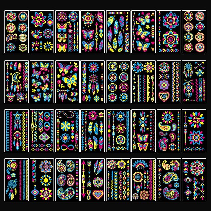 32 Sheets Temporary Tattoo Glow in the Dark, UV Neon Fluorescence Body Arm Fake Tattoo Waterproof Stickers for Women Men Party Favors, Rave Festival Party Supplies