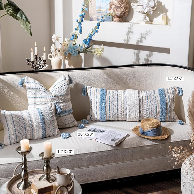 14x36 Lumbar Pillow Cover for Bed, Rectangular Long Decorative Throw Pillowcase, Boho Accent Cushion with Blue Tufted Pattern and Tassels, Cream Neutral (Cover Only)