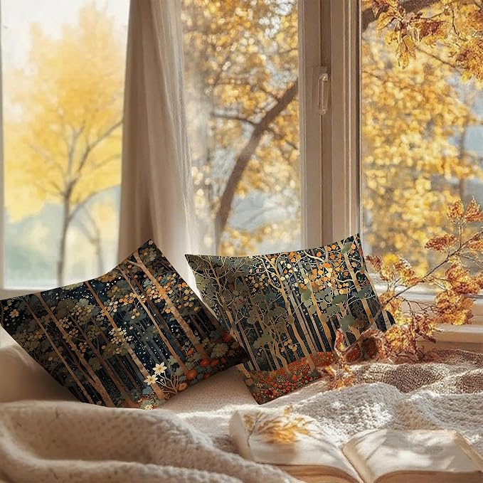 451 Rustic William Morris Style Fall Forest Pillow Covers 22x22 | Fall Autumn Home Room Decor, Vintage Botanical Nature Decorative Throw Pillow Covers for Home Bedroom Living Room Set of 2