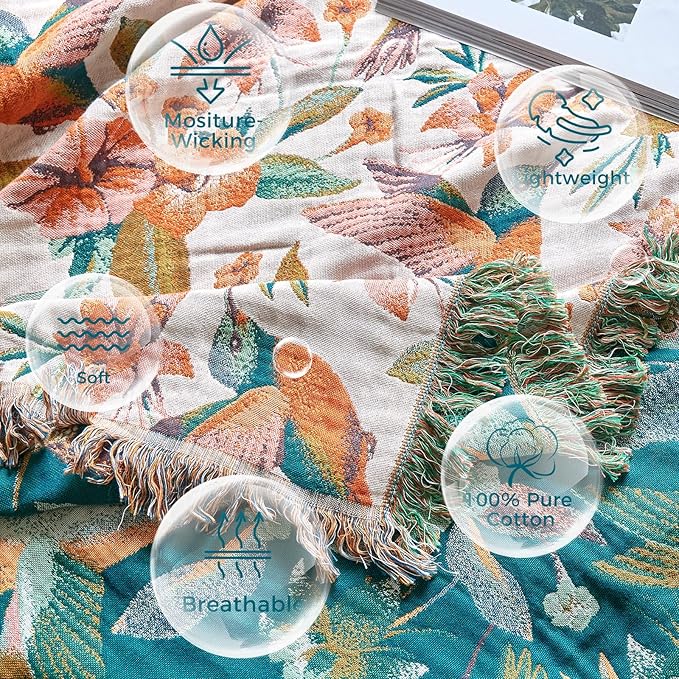 LUTBM Boho Throw Blanket for Bed 60"x80", 100% Cotton Soft Couch Blankets | Reversible Floral Bird Jacquard, All-Season Lightweight Breathable Twin Quilt, For Chair Sofa Bedroom Living Room, Home Decor