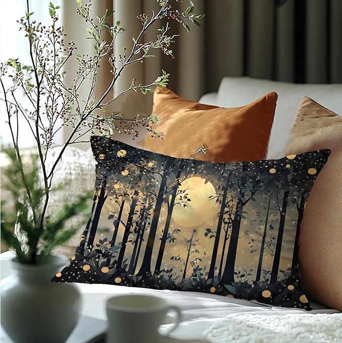 Rustic Night Moon William Morris Inspired Forest Gold Pillow Covers 18x18,Vintage Black and Gold Botanical Nature Landscape Decorative Throw Pillow Covers for Home Bedroom Living Room