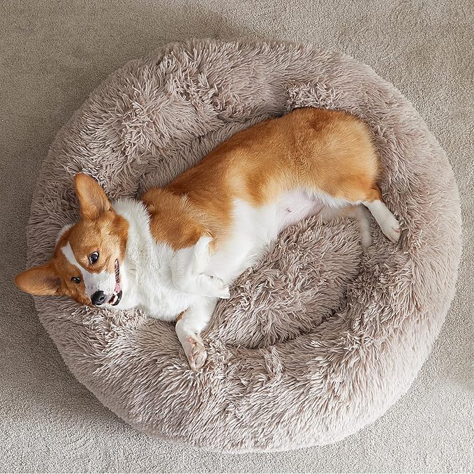 WNPETHOME Medium Round Calming Dog Bed Cat Bed for Comfy Sleep | Dog Bed For Medium Dog, Cute Washable Puppy Bed with Cozy Plush, Faux Fur Anxiety Pet Bed Donut Cuddler (30x30x10In, Brown)