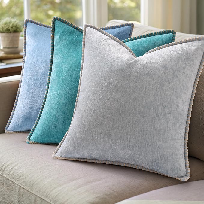 decorUhome Soft Chenille Throw Pillow Covers 16x16 Set of 2 Blue | Fall Textured Decorative Throw Pillow Cases Stitched Edge Modern Farmhouse Luxury Boho Velvet for Couch Sofa Bed Home Decor