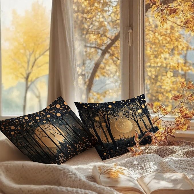 Rustic William Morris Inspired Gold Moon Pillow Covers 18x18 Set of 2,Vintage Black and Gold Moon Forest Botanical Nature Landscape Decorative Throw Pillow Covers for Home Bedroom Living Room