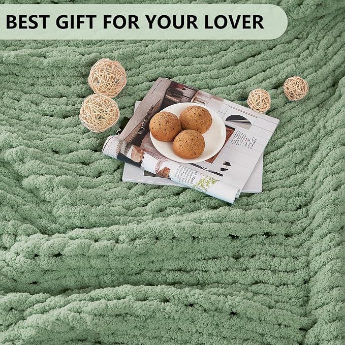 L'AGRATY Chunky Knit Throw Blanket for Couch, 80 x 90 Inches, Sage Green | Handmade Chenille Crochet Blanket for Sofa Bed, Thick Cable Knitted Blankets for Room Home Decor, Birthday Gift for Women Mom