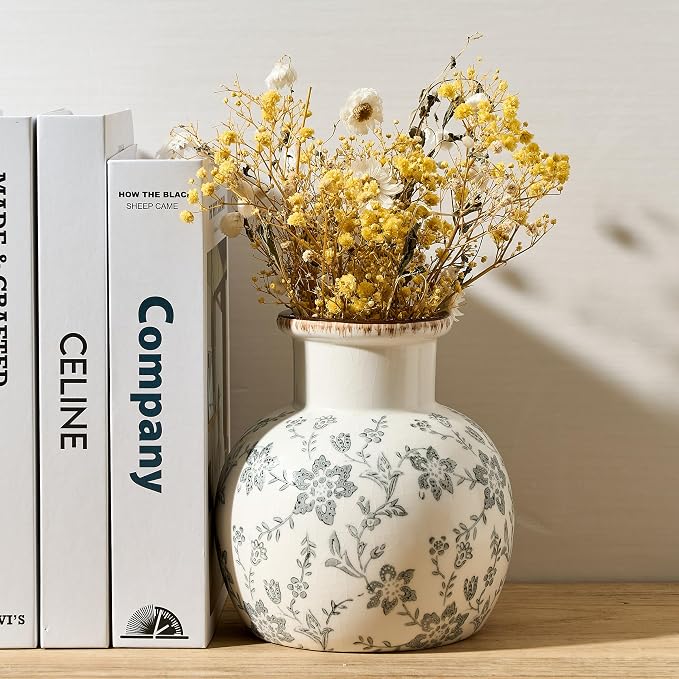 SIDUCAL Ceramic Vintage Vase, 5.91 Inch Retro Ice Cracked Chinoiserie Floral Vase, Rustic Farmhouse Vases for Home Decor, Bookshelf, Garden, Chinoiserie Decor, Tuscan Decor, Gray Floral Pattern
